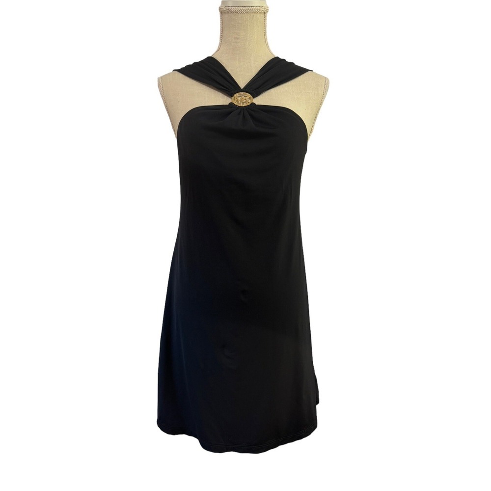 Y2K Michael Michael Kors Gold Logo Cruise Black Swing‎ Dress Sz S Small Halter